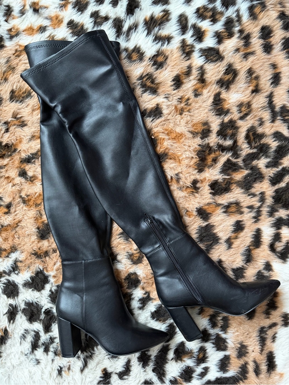 Black Leather Over-the-Knee Block Heel Boots